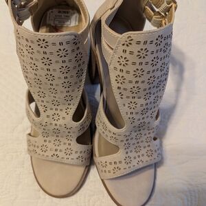 Jellypop Beige Laser-Cut Suede Block Heel Sandals